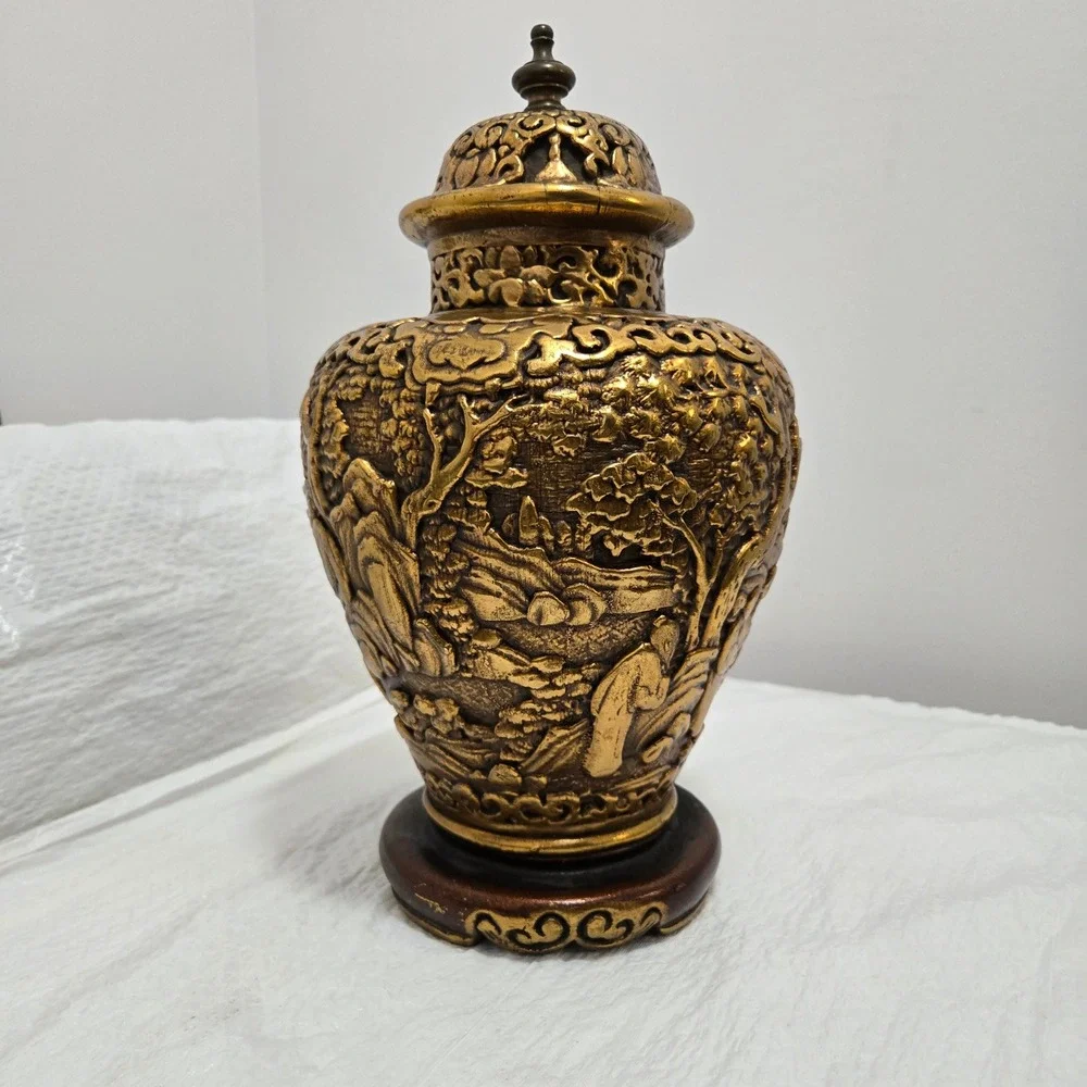 Vintage Chinese Gold Cinnabar Ginger Jar Urn Carved Relief Landscape 11.5in